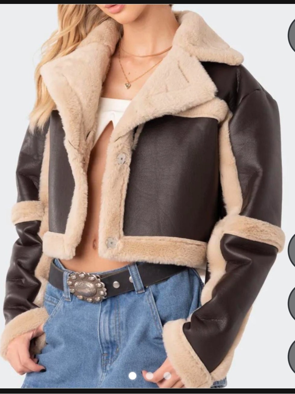 Edikted Dark Brown Cropped Faux Leather Shearling Jacket with Cream Trim